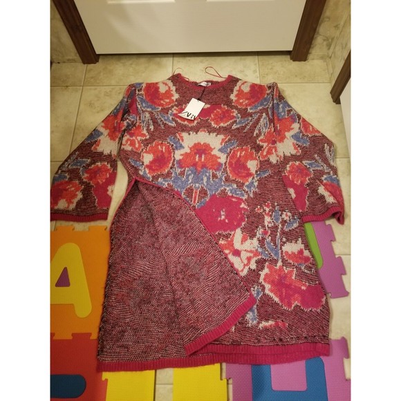 NWT Zara S red floral jacquard tunic long sweater oversize - Picture 11 of 14